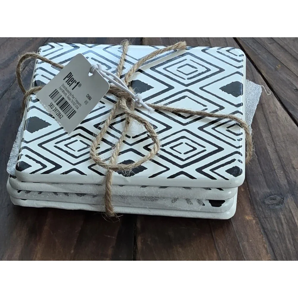 Pier 1  set of 4 square ceramic coasters, bold black & white geometric pattern
